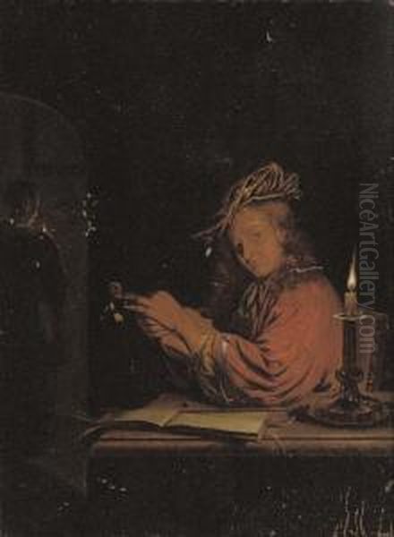 A Man Stringing A Fiddle At A Desk, A Woman At An Archway Behind - view 1