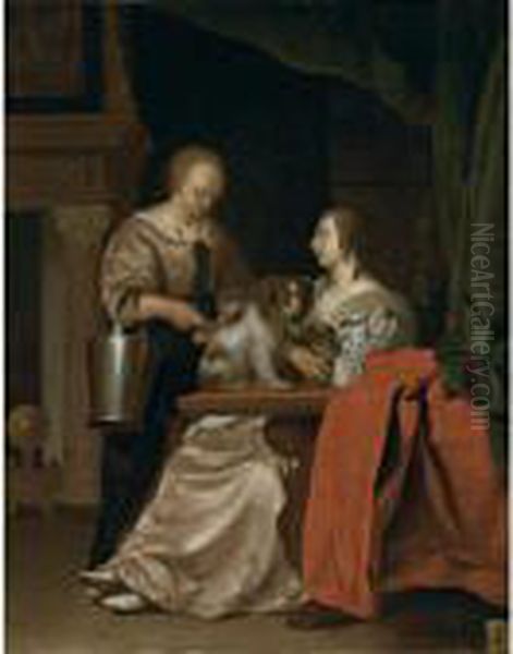 An Interior With A Maid, A Lady And Her Two Dogs - view 1