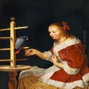 A Young Girl In A Red Jacket Feeding A Parrot by Frans Ii Van Mieris