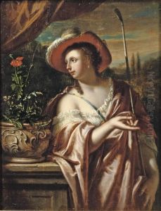 A Shepherdess Standing Near A Plinth With Flowers In A Classical Vase