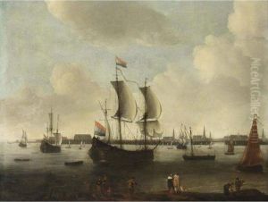 An Extensive View Of The Roads Of A City With A Large Flute, A Small Cargo Ship, A