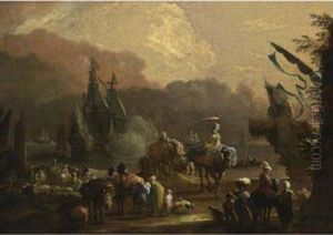 A Mediterranean Harbour Scene 
With Merchants Transporting Their Goods, Muleteers Loading Their Mules, 
Laden Camels Transporting Goods, Together With A Full-rigged Merchantman
 Firing A Salute And Other Vessels And Rowing Boats In The Background