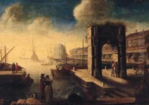 A Capriccio Of An Italianate Port With An Elegant Couple On Aquay