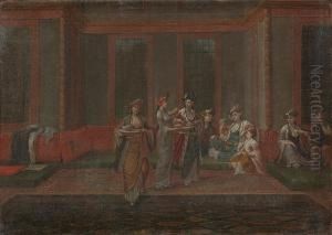 A Turkish Interior With A Maid Serving Coffeein by Jan-Baptiste Vanmour