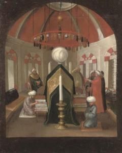 A Turkish Mausoleum With Figures At The Tomb Of A Sultan by Jan-Baptiste Vanmour