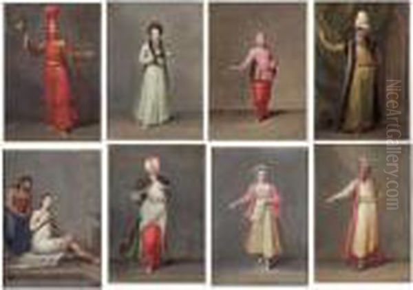 L'tbriktar-agassi, Officer In
Waiting To The Sultan; The Princess Of Valaquie; A Young Turk; The Grand
Vizier In Ceremonial Robes; A Turkish Girl Dressing Her Hair At The
Baths; Tchelebi; A Young Woman Of Patmos; An Armenian From Persia. - view 1