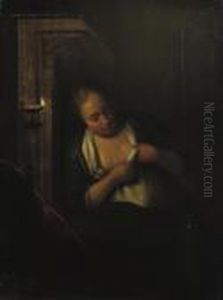 A Young Woman De-fleeing Herself In A Candlelit Interior by Michiel van Musscher