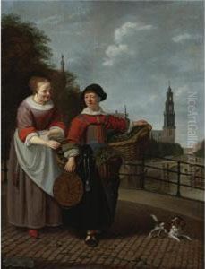 A Maid And A Female Merchant At The Eenhoornsluis In Amsterdam by Michiel van Musscher