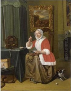 A Lady Sitting In An Interior,
Embroidering At A Table With A Bird In A Birdcage, Together With A Dog by Michiel van Musscher
