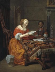 An Interior With A Young Girl, 
Seated At A Table Covered With An Indian Carpet And Reading A Letter, 
Attended By A Negro Page