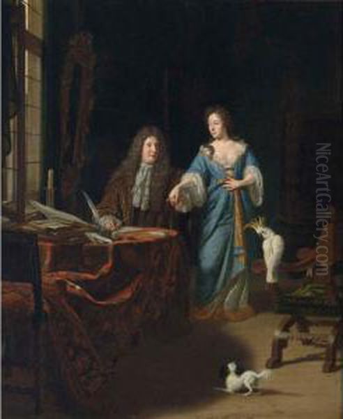 A Portrait Of An Elegant Couple
Behind A Table In An Elaborate Interior With A Chinese Lacquer Drawer
Accompanied By A Dog And A Cockatoo On A Chair - view 1