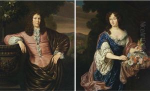 A Portrait Of A Gentleman,
Standing Three-quarter Length, Wearing A Pink Satin Suit With White
Chemise And A Brown Velvet Cloak; A Portrait Of His Wife, Standing
Three-quarter Length, Wearing A Blue Satin Dress With A White Underdress
And A Pink S by Michiel van Musscher