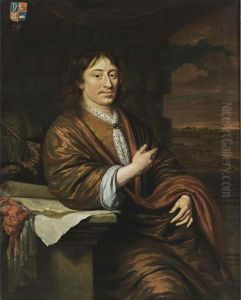 A Portrait Of Gerard Pietersz. 
Hulft (1621-1656), Seated Three-quarter Length, Wearing A Red Overcoat 
Over A Yellow Suit With A White Lace Chabot, Leaning On A Pedestal With A
 Still Life Of Maps, A Sword And A Globe, An Exotic Landscape Beyond
