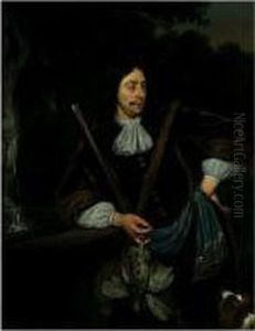 Portrait Of A Sportsman By A Fountain Holding A Bird by Michiel van Musscher