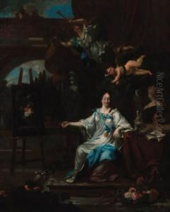 An Allegorical Portrait Of An 
Artist, Probably Rachel Ruysch,seated Full-length, In A White Dress With
 A Blue Sash, Holding Apaint Brush Before An Easel, A Draped Table With A
 Palette, Booksand Sculpture At Her Side, An Angel Blowing A Horn With A
 by Michiel van Musscher