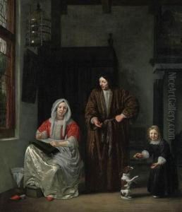 An Elegant Family With A Dog In An Interior