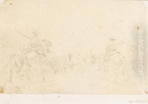 Zwei Reiter Mit Buffelherde. by Ewert Louis Van Muyden