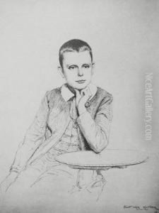 Jeune Garcon Accoude A Un Gueridon, Dessin A La Plume, Sbd Et Date Geneve 1887