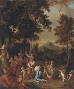 A Bacchanal With Nymphs, Satyrs And Putti Before A Herm by Jan van Neck