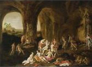 Diana And Her Nymphs Resting After The Hunt In A Cave, Surrounded By Antique Statues by Adriaen van Nieulandt