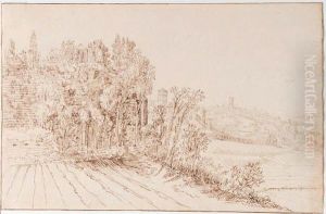 A Ruined Chapel Among Trees On A Rise, The Church Of Santa Marianova, Rome, Beyond by Willem van, the Younger Nieulandt