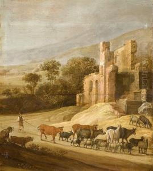 Vacher Menant Son Troupeau Dans Un Paysage De Ruines Antiques - view 1