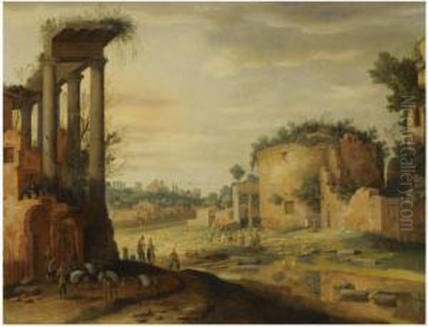 A Capriccio Italianate Landscape With Travellers By Classical Ruinsin The Foreground - view 1