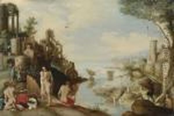 A Capriccio Landscape With Men Bathing Near A Harbour - view 1