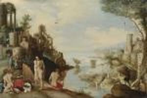 A Capriccio Landscape With Men Bathing Near A Harbour by Willem van, the Younger Nieulandt