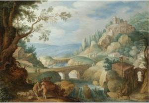 A Mountainous River Landscape With Herdsmen Resting Their Goats In The Foreground by Willem van, the Younger Nieulandt