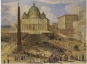 View Of The Saint Peter In Rome,
 Figures Watching A Procession Of Cardinals In The Foreground, Canons 
Firing To The Right