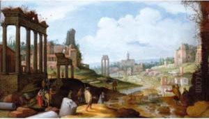A View Of The Forum Romanum With Shepherds Grazing Their Flocks by Willem van, the Younger Nieulandt