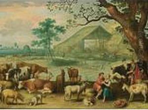 A Landscape With Amorous 
Shepherds And Their Herd With Another Shepherd Near A Tree In The 
Foreground, A View Of A Farm With A Horse-drawn Cart And Cows And Sheep 
Beyond by Willem van, the Younger Nieulandt