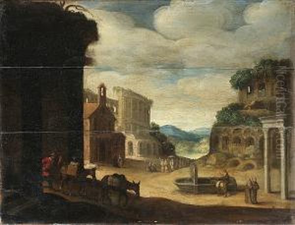 A Roman Landscape With A Drover 
And His Donkeys Before Ruins And Figures By A Fountain In The Distance - view 1