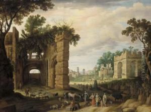 The Roman Forum With Drovers And Watercarriers On A Path In The Foreground by Willem van, the Younger Nieulandt
