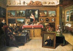 A collector's cabinet with Abraham Ortelius and Justus Lipsius by Frans II Francken