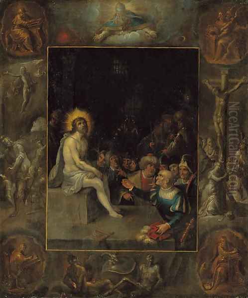 The Mocking of Christ, in a grisaille surround depicting God the Father, the Evangelists, The Crucifixion, The Resurrection and The Devil and Death wi - view 1