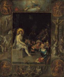 The Mocking of Christ, in a grisaille surround depicting God the Father, the Evangelists, The Crucifixion, The Resurrection and The Devil and Death wi