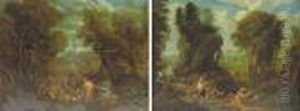 Extensive Italianate Landscapes
With Shepherds And Shepherdesses Tending To Sheep And Goats by Jan or Joan van Noordt