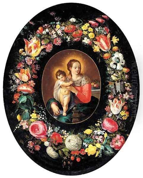 A garland of flowers surrounding a medallion of the Virgin and Child - view 1