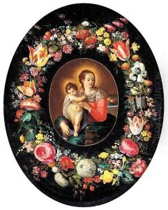 A garland of flowers surrounding a medallion of the Virgin and Child by Frans II Francken