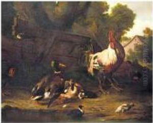 A Farmyard Scene With Chickens, Mallard Ducks And Other Birds, A Cottage Beyond by Adriaen van Oolen