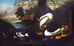  Canards Et Cygnes Sur Un Etang  by Adriaen van Oolen