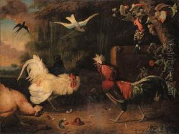 Two Cocks Fighting, With Hens, A Swallow And Two Exotic Birds In Awooded Landscape - view 1