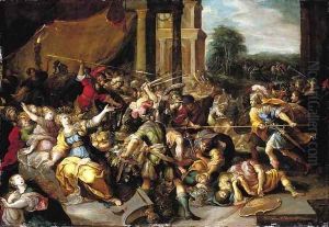 Phineus and his followers at the wedding feast of Perseus and Andromeda by Frans II Francken