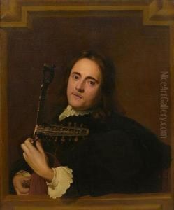 A Young Man At A Stone Window Playing A Theorbo-lute