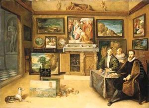 The interior of a collector's cabinet with Justus Lipsius and two constliefhebbers
