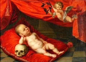Vanitasmotiv Med Liten Pojke Och Putti Med Lagerkrans