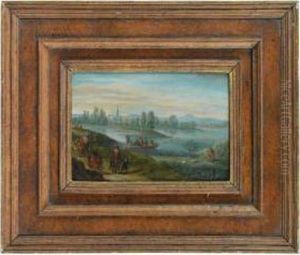 Paysage De Riviere Avec Des Voyageurs Sur Un Chemin