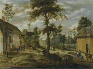 A Village Scene Outside An Inn With Two Horsemen And A Carriage Halted In The Foreground